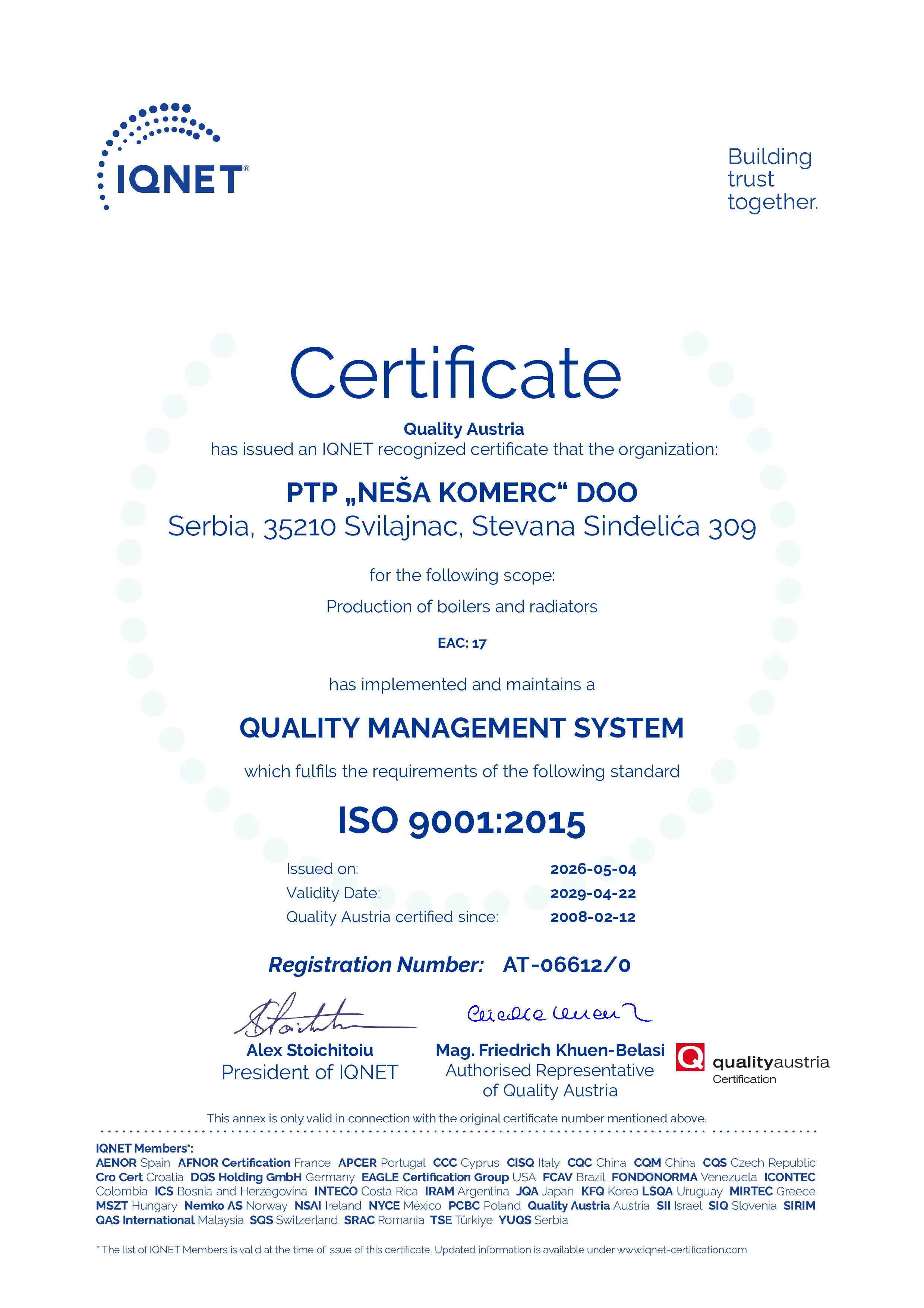 IQNET certificate · ISO 9001:2015