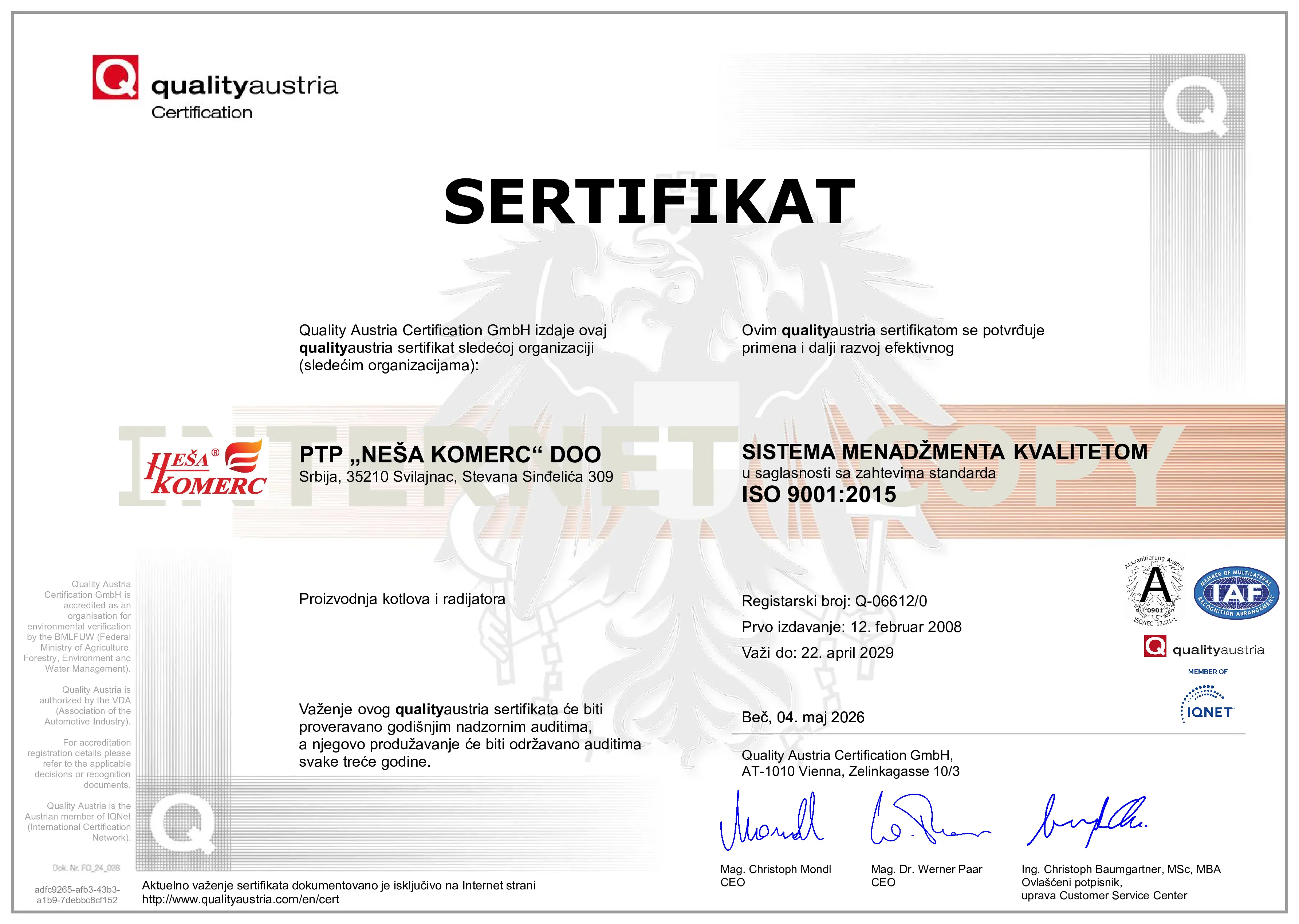 ISO 9001:2015 · Quality Austria (Serbian version)